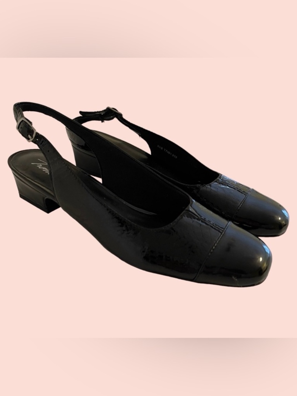 Trotters "Dea" Black Patent with Embossed Croc Sling Back Low Heel Shoes